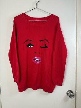 Betsy Johnson pink label vintage Y2K red winking Marilyn oversized sweater L